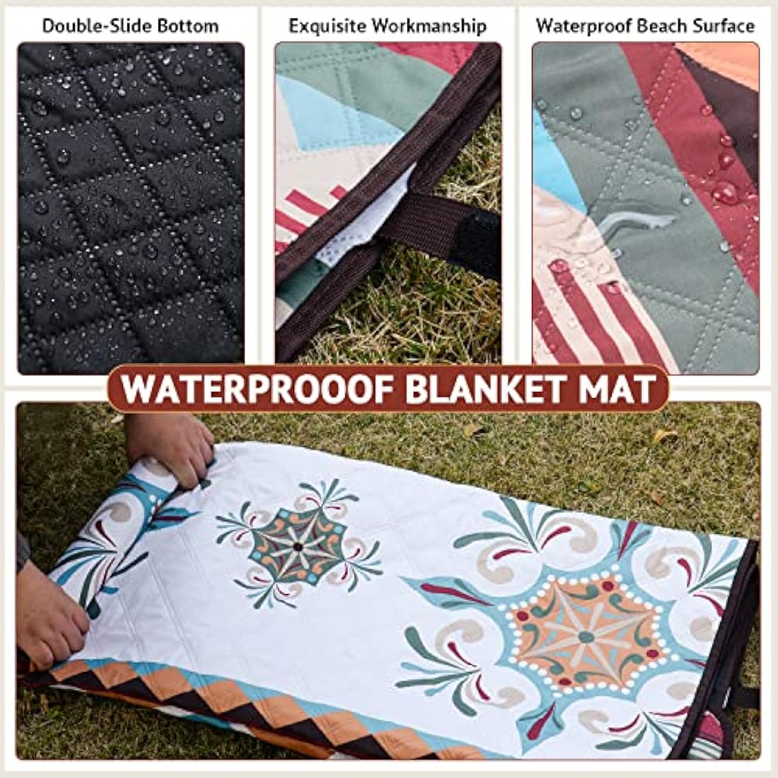 LARUTAN Waterproof Picnic Blanket, 200x200CM Large Beach Blanket Outdoor Picnic Mat, Beach Mat with Carrying Handle Sandproof Heatproof for Camping, Beach, Family Picnic Seattle