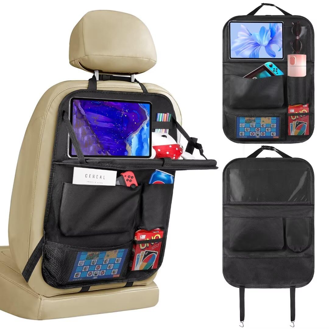 Resszo Car Organiser,Car Seat Organiser for Kids with Tablet Holder, Multifunctional WaterProof Back Seat Protector with 10.5 iPad Foldable Tray Table, 6 Pockets Toy Storage