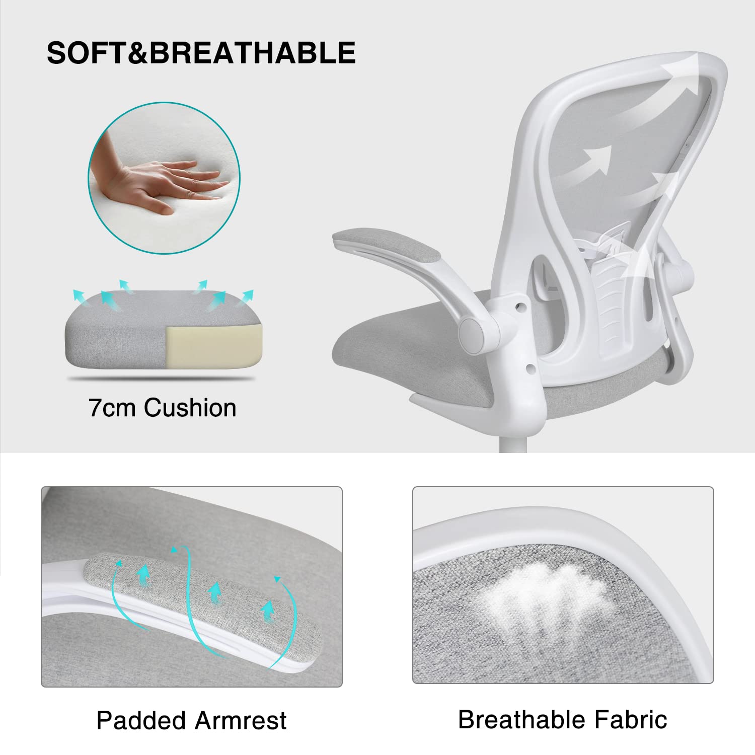 Fullwatt Ergonomic Desk Chair - Flip-up Armrest Mesh with Lumbar Support, Mid-Back for Home Office & Conference Rooms, Grey