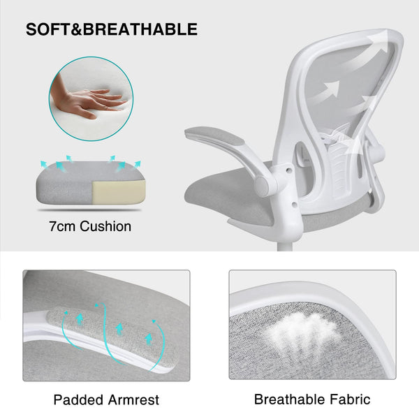 Fullwatt Ergonomic Desk Chair - Flip-up Armrest Mesh with Lumbar Support, Mid-Back for Home Office & Conference Rooms, Grey