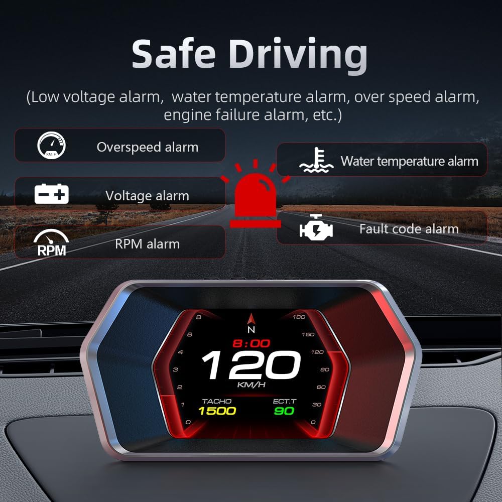 AMHVMU P17 HUD car heads up display,digital speedometer car mph,OBD2 plus GPS Dual System,Heads up Display Car,Water Temperature Gauge,Tachometer,Suitable for all Vehicle Models