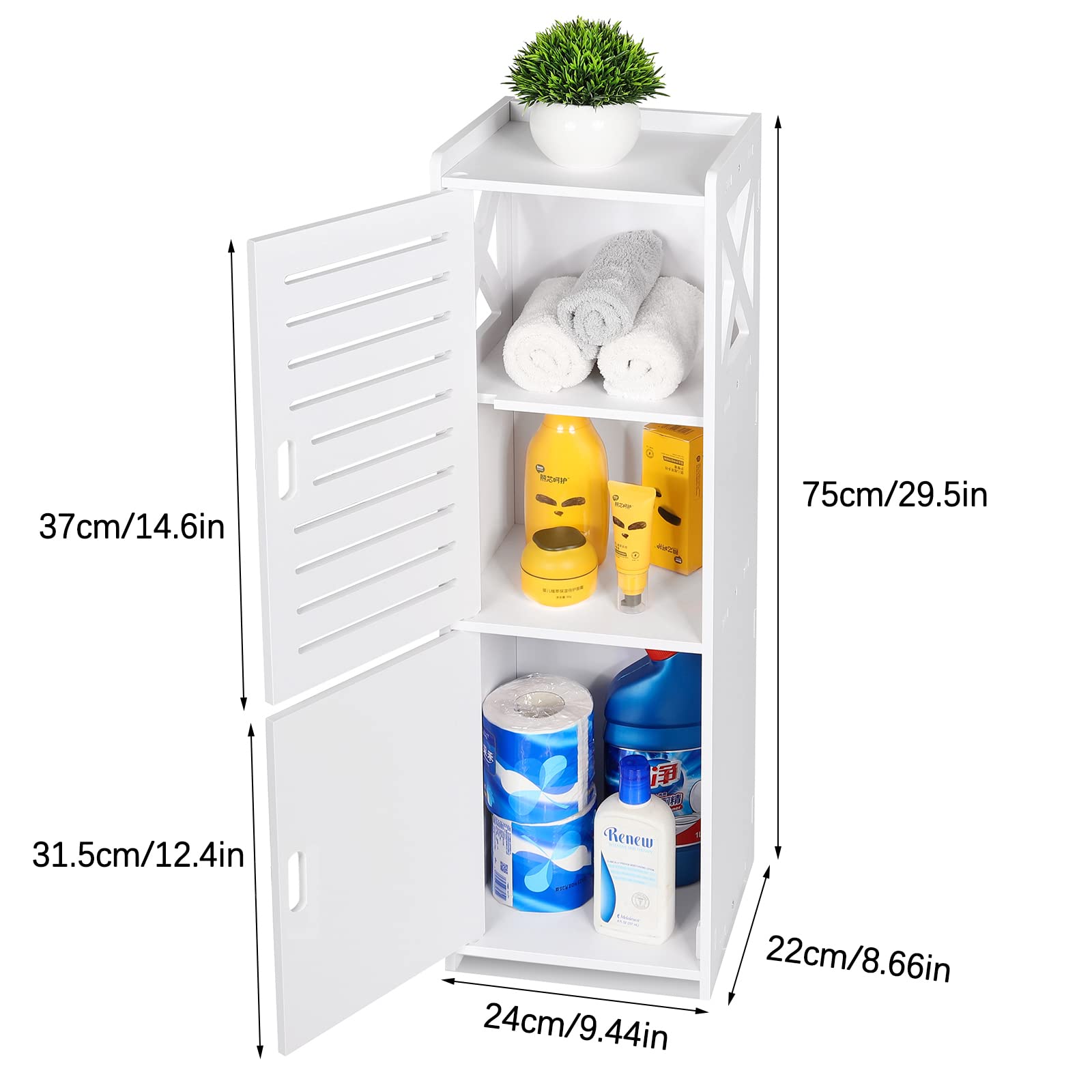 FACOKOLA Bathroom Cabinet, 3 Tier Floor Cabinet with Door, Free Standing Storage Cabinet Unit for Living Room, Bedroom, Kitchen, Balcony, Office,