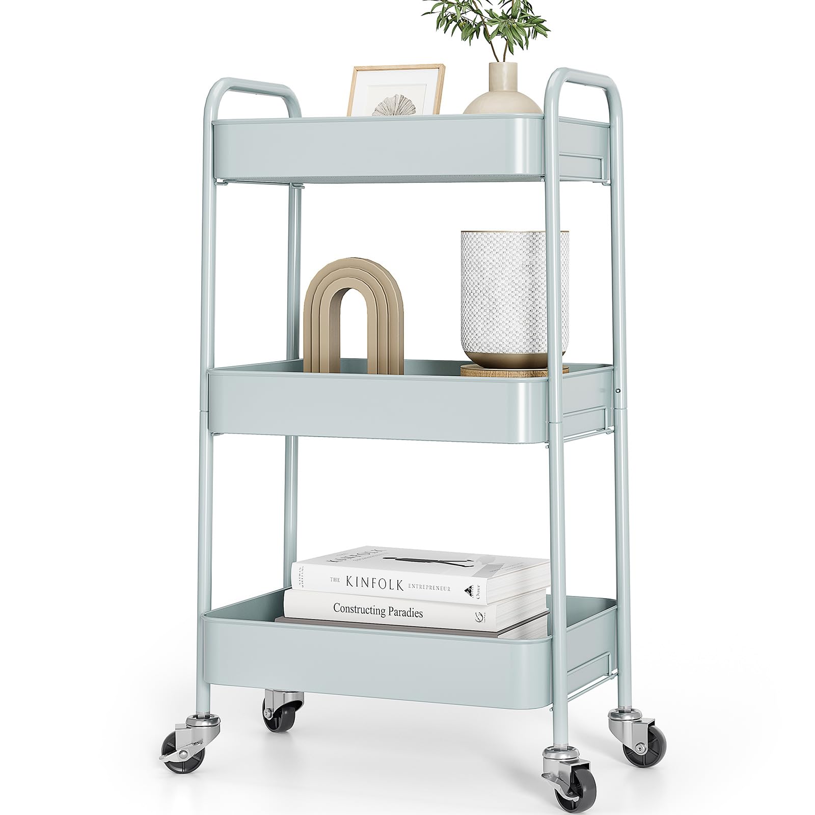 KINGRACK Kitchen Trolley, 3 Tier Rolling Trolley, Metal, Serving Trolley with Wheels Handles, Shelf Trolley for Office, Salon, All-purpose Trolley for