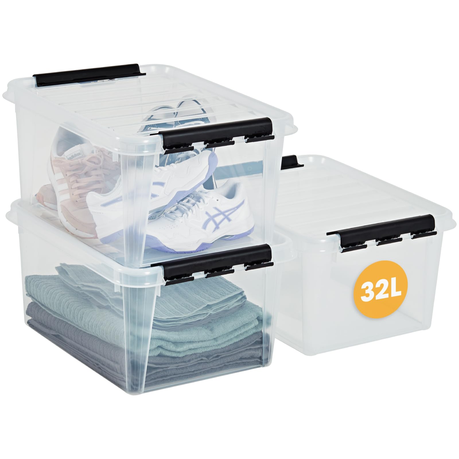 SmartStore 32L Clear Plastic Storage Boxes, 3 Pack, Reinforced, 10 Year Guarantee, Food Safe, Clip Locked, Stackable and Nestable, BPA Free L50 x W39