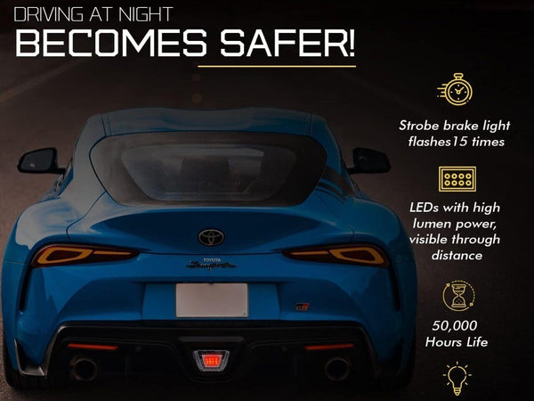 Exterior Lights Accessories - F1 Style 4th Functions as Reverse/Brake/Running light Fog Light Bumper Kit Multifunction Red Compatible With 2020+ Supra with Black Base/Clear lens/Red Bar