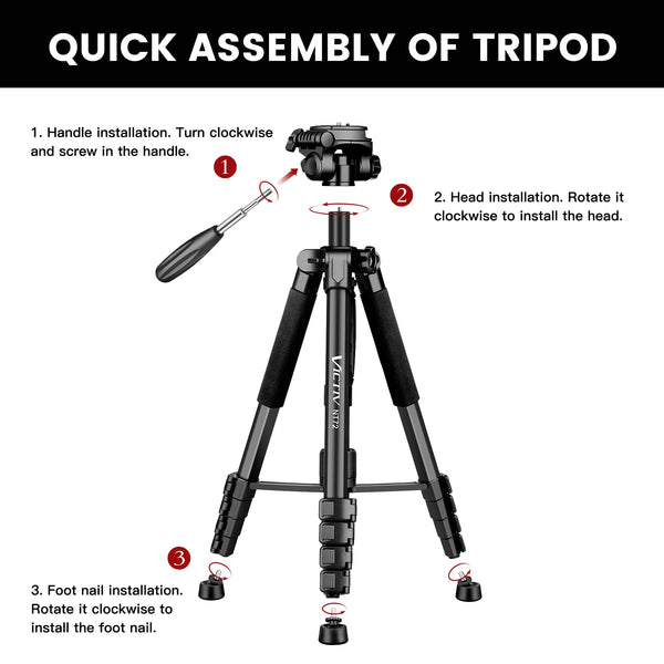 Victiv 72-inch Camera Tripod Aluminum Monopod T72 Max. Height 182cm- Lightweight and Compact for Travel with 3-way Swivel Head and 2 Quick Release Plates for DSLR Video Shooting - Black