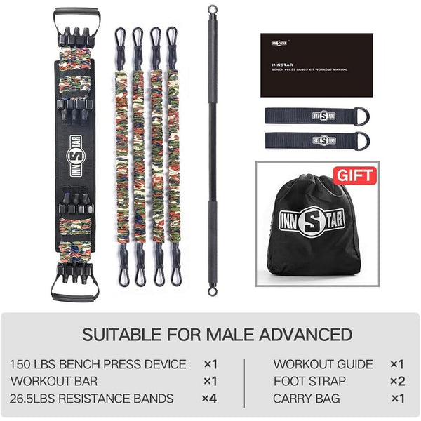 INNSTAR Portable Home Gym Set with Workout Bar, Bench Press Set, Squat Resistance Band, Door Anchor and More-Full Body Workout Equipment to Build Muscle and Shape Body