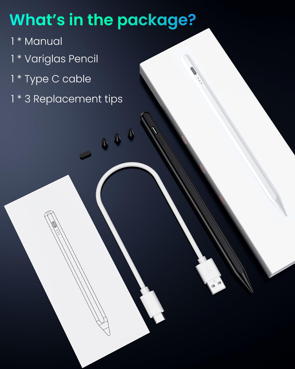 Variglas Pencil for iPad - 2018-2025 15 Minutes Fast Charging, Palm Rejection,Tilt Sensitivity, Stylus Pen Compatible with iPad Pro 11"/12.9"/13", 11/10/9/8/7/6th Gen, Air 3-6, Mini 5/6