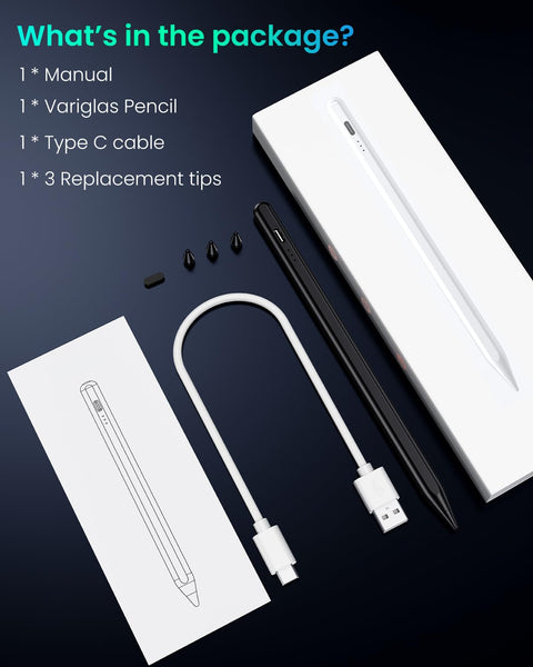 Variglas Pencil for iPad - 2018-2025 15 Minutes Fast Charging, Palm Rejection,Tilt Sensitivity, Stylus Pen Compatible with iPad Pro 11"/12.9"/13", 11/10/9/8/7/6th Gen, Air 3-6, Mini 5/6