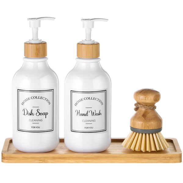 4-Piece Kitchen Soap Dispenser Set 16 oz With Bamboo Pump Tray and Brush - Bathroom Set With Waterproof Labels for Hand Soap, Dish, Lotion (White)
