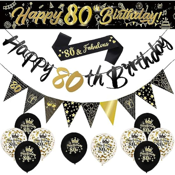 14 Pieces 80th Happy Birthday Decorations Kit, Birthday Party Decoration Including Party Supplies Birthday Straps 9ft Banner Triangle Flags Confetti Latex Balloons