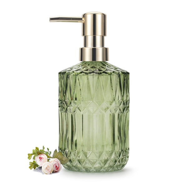Glass Soap Dispenser 12oz/390ml for Bathroom Kitchen - Hand Soap/Lotion Dispenser With ABS Plastic Pump (Green)