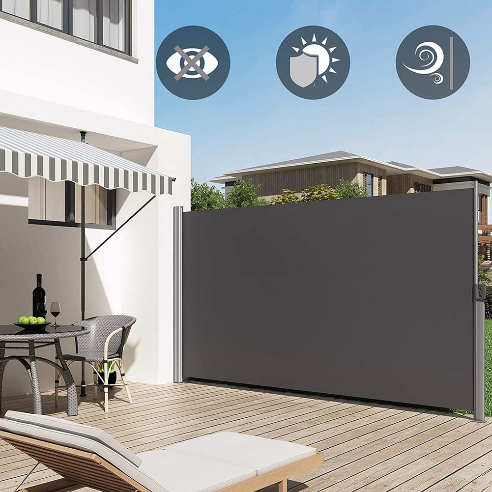 The Fellie Dark Grey Retractable Side Awning, Wind, UV Protection and Weatherproof PU Coating for Outdoor Privacy Screen for Garden, Balcony, Terrace, 140 x 300 cm