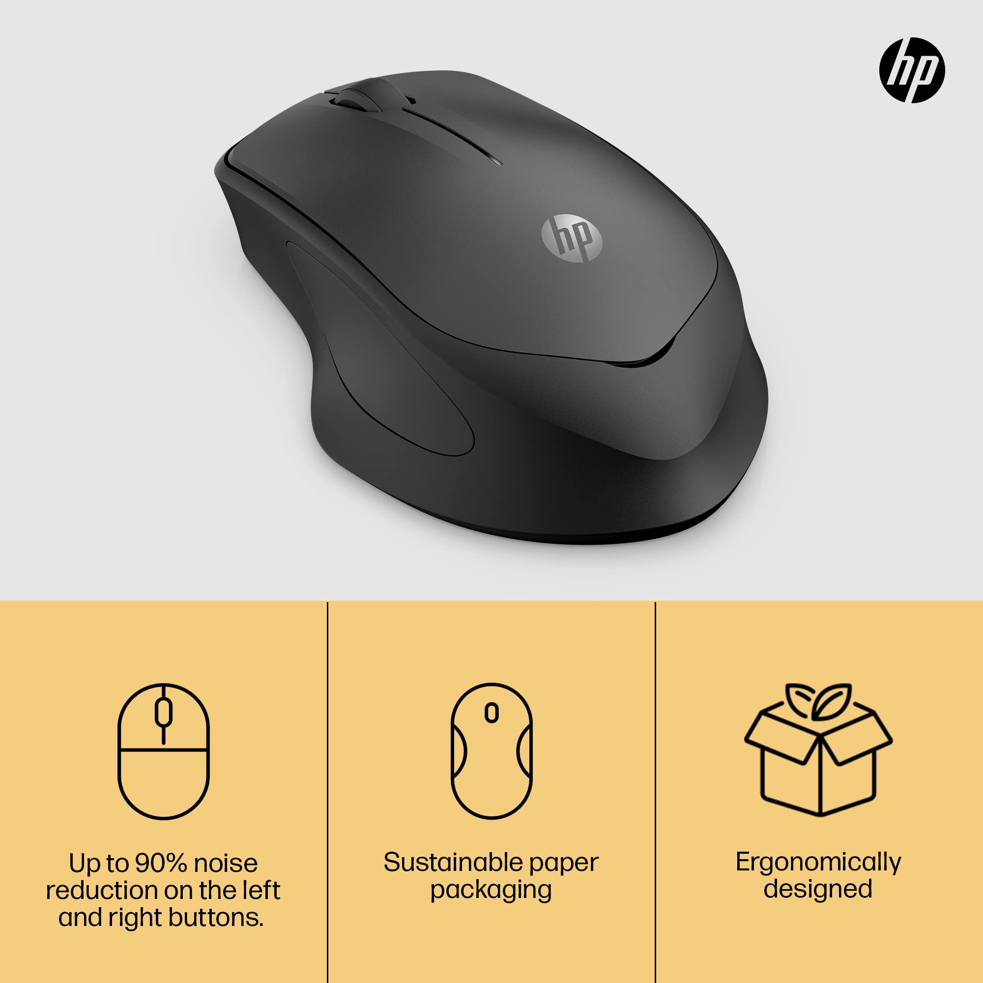 HP 280 Silent PC Wireless Mouse | HP Blue Optical Technology | 1600 DPI to track precisely on any surface | 90% noise reduction | Comfortable & Ergonomic Design | USB A Dongle Included | Black