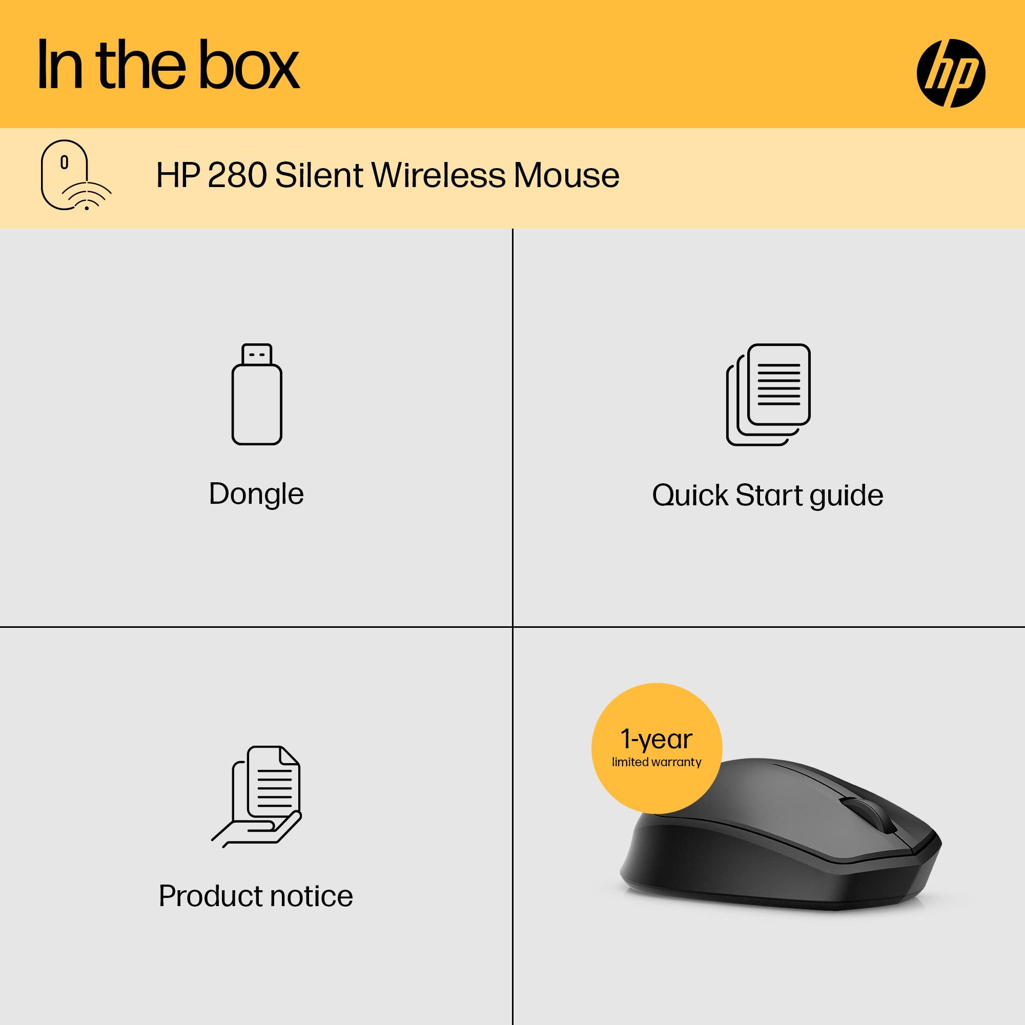 HP 280 Silent PC Wireless Mouse | HP Blue Optical Technology | 1600 DPI to track precisely on any surface | 90% noise reduction | Comfortable & Ergonomic Design | USB A Dongle Included | Black