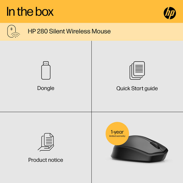 HP 280 Silent PC Wireless Mouse | HP Blue Optical Technology | 1600 DPI to track precisely on any surface | 90% noise reduction | Comfortable & Ergonomic Design | USB A Dongle Included | Black