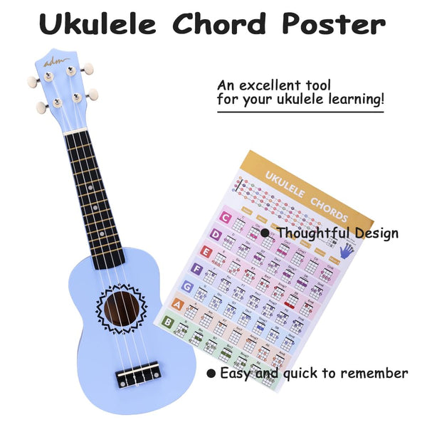 ADM Soprano Ukulele Set for Kids and Beginners, Ukulele Starter Kit with Bag, Clip-On Tuner, Rainbow Strings, Colourful Strap, Plectrum, Fingerboard Sticker, Chord Card (Dark Blue)
