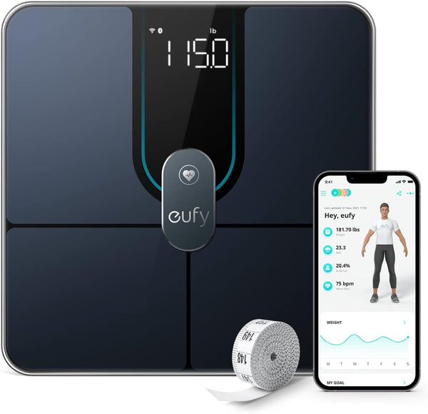 eufy Weighing Scales for Body Weight, Digital Bathroom Scales with Bluetooth, Body Fat Scales, 12 Measurements, Weight/Body Fat/BMI, Fitness Body Composition Analysis, Black, lbs/kg, Smart Scale A1