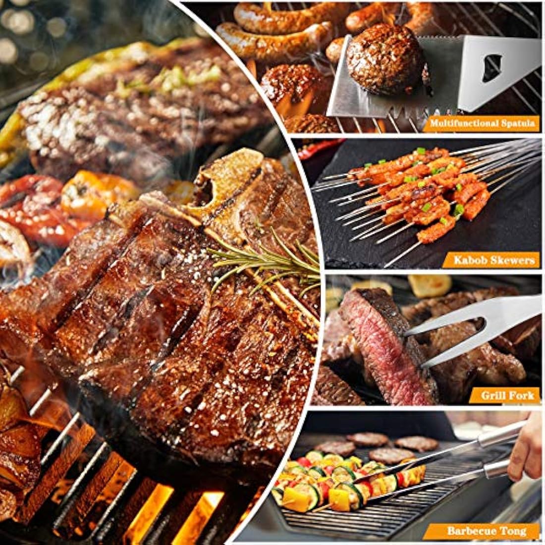 10PCS BBQ Grill Tool Set, GQC Stainless Steel Barbecue Grilling Utensils Kit with Carry Bag, Spatula, Tongs and Fork BBQ Tool Accessories for BBQ Cooking Outdoor Camping