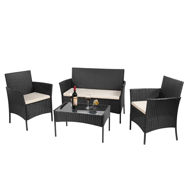 bigzzia Rattan Garden Furniture Set, 4 piece Patio Rattan furniture sofa Weaving Wicker includes 2 Armchairs,1 Double seat Sofa and 1 table (Black)