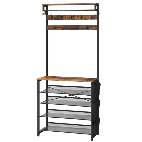 HOOBRO Coat Stand, Coat Rack with Shoe Storage, Hall Tree with Tiltable Mesh Shelves, 4 Removable Hooks, Side Storage Pocket, Shoe and Coat Rack for