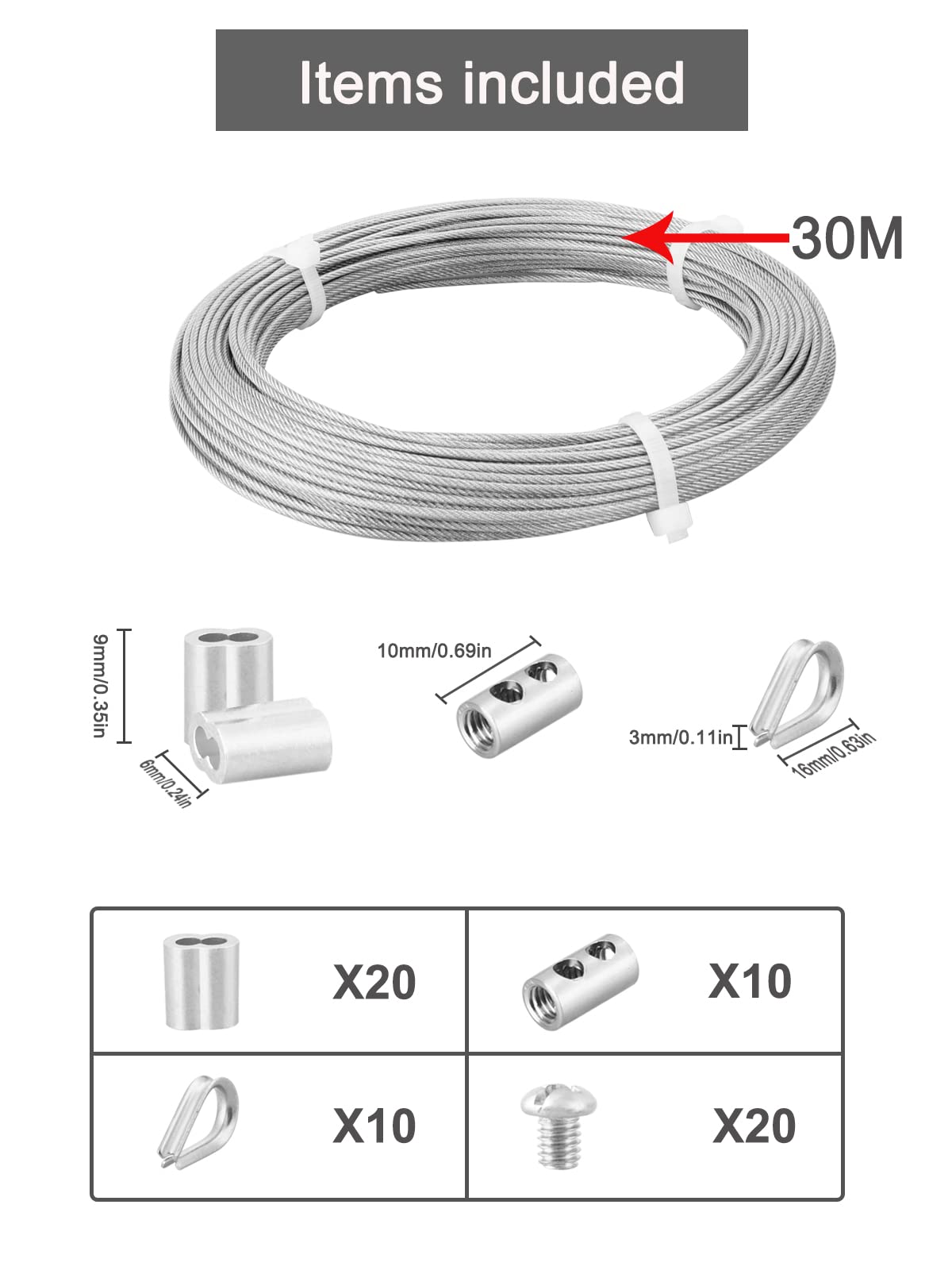 Abimars Wire Rope 2mm, 6m Stainless Steel Garden Wire Rope Cable with Crimping Aluminum, 7x7 Strand Core Metal Cable Wire Rope for Fence, Picture Hanging,Clothes Line