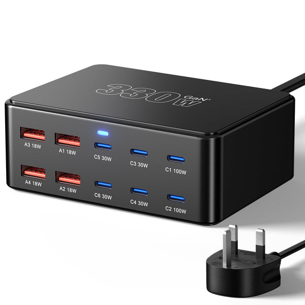 200W 6-Port USB Charging Station, PD 100W 65W 45W 20W 18W USB C GaN III Charger Laptop & Phone Fast Charger Plug, Compatible with MacBook Pro/Air,Dell XPS, iPhone 15/16/14/ Pro, iPads, Steam Deck