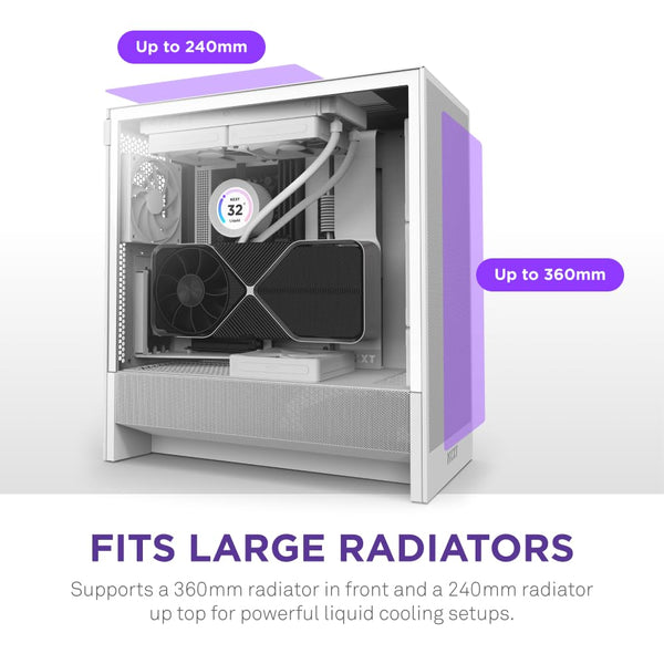 NZXT H5 Flow RGB - Compact ATX Mid-Tower PC Gaming Case - High Airflow - F360 RGB Core (CV) Included - 360mm Front & 240mm Top Radiator Support - Cable Management - Tempered Glass - White