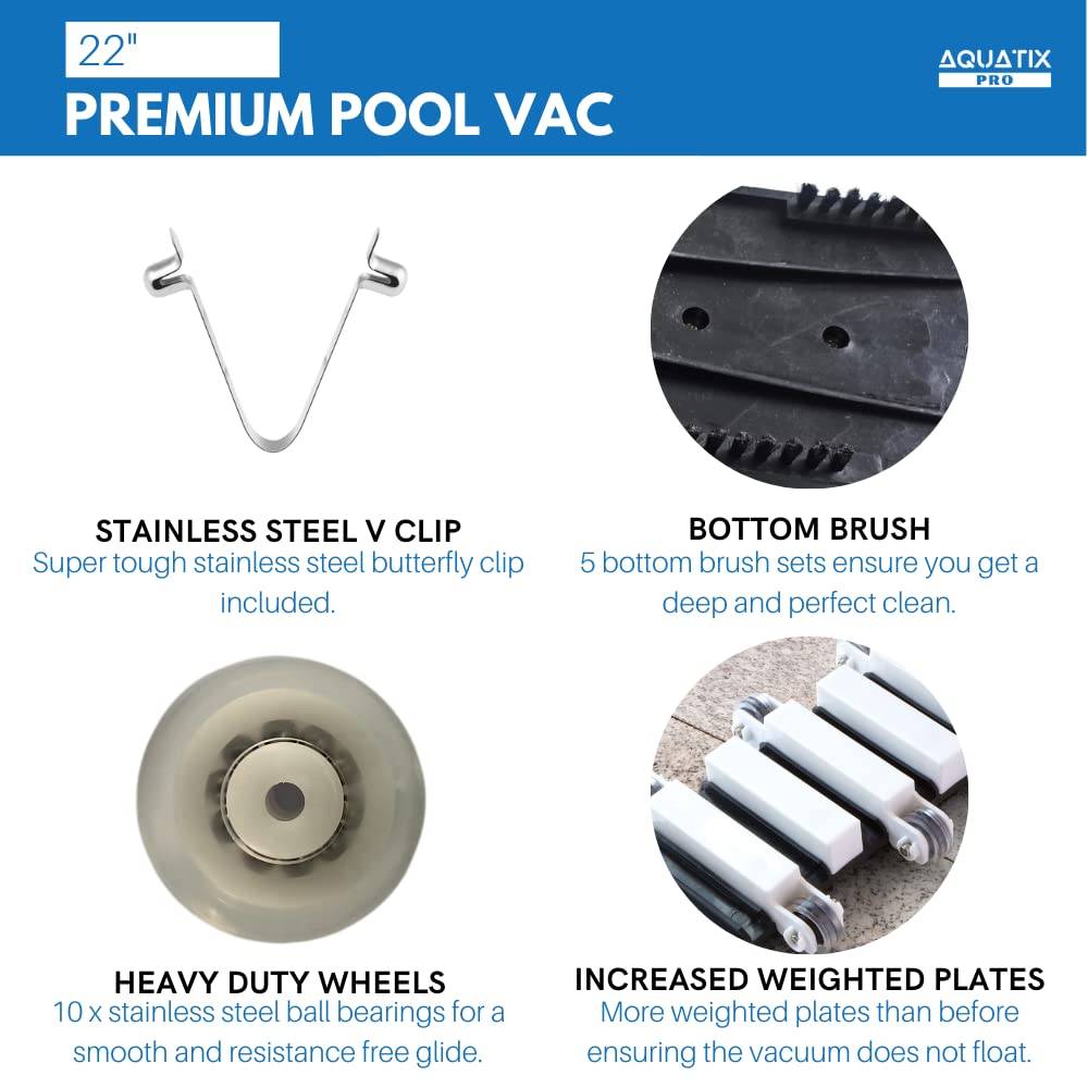 Aquatix Pro Pool Vacuum Head, 22" Extra Large Commercial Grade, 10 Weighted Plates, 2 x Hose Adapter, Aluminium Handle, Stainless Steel Balls,