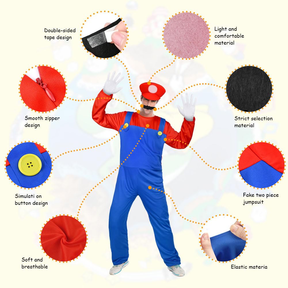 Aomig Mario Costumes, 4 Pack Mario Cosplay Costume Accessories Kits with Bodysuit, Luigi Hats Cap, Mustaches, White Gloves, Mario Luigi Bros Fancy Dress Outfit Costume for Women Men
