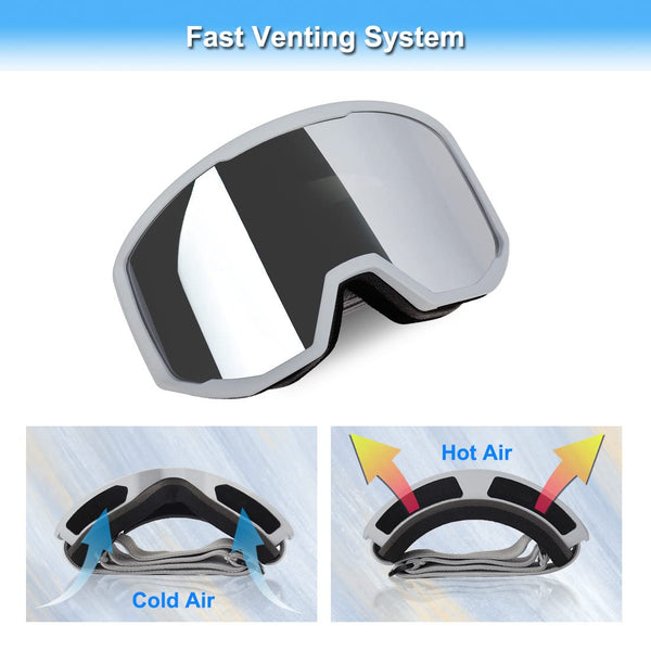 EXP VISION Ski Goggles, Anti fog Snow Snowboard Goggle OTG Dual lens with 100% UV400 Protection for Men Women (Grey Frame-Silver)