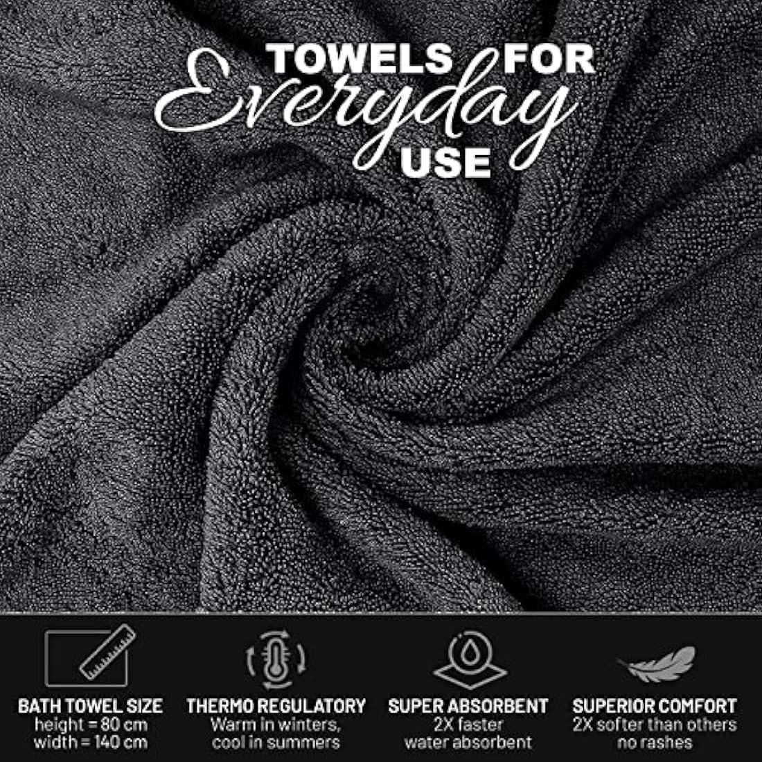X11 Homeware Bath Towels Pack of 4 Egyptian Cotton Towel Set Highly Absorbent Soft Bathroom Towels Set of 4 Ring Spun Cotton Quick Dry Large Towels (Black)