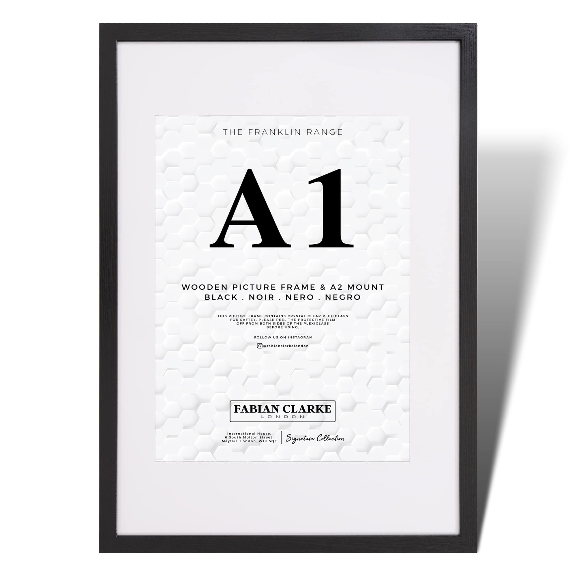 Fabian Clarke London A1 Modern Black Wooden Picture Photo Frame with White A2 Mount to Hang Portrait or Landscape