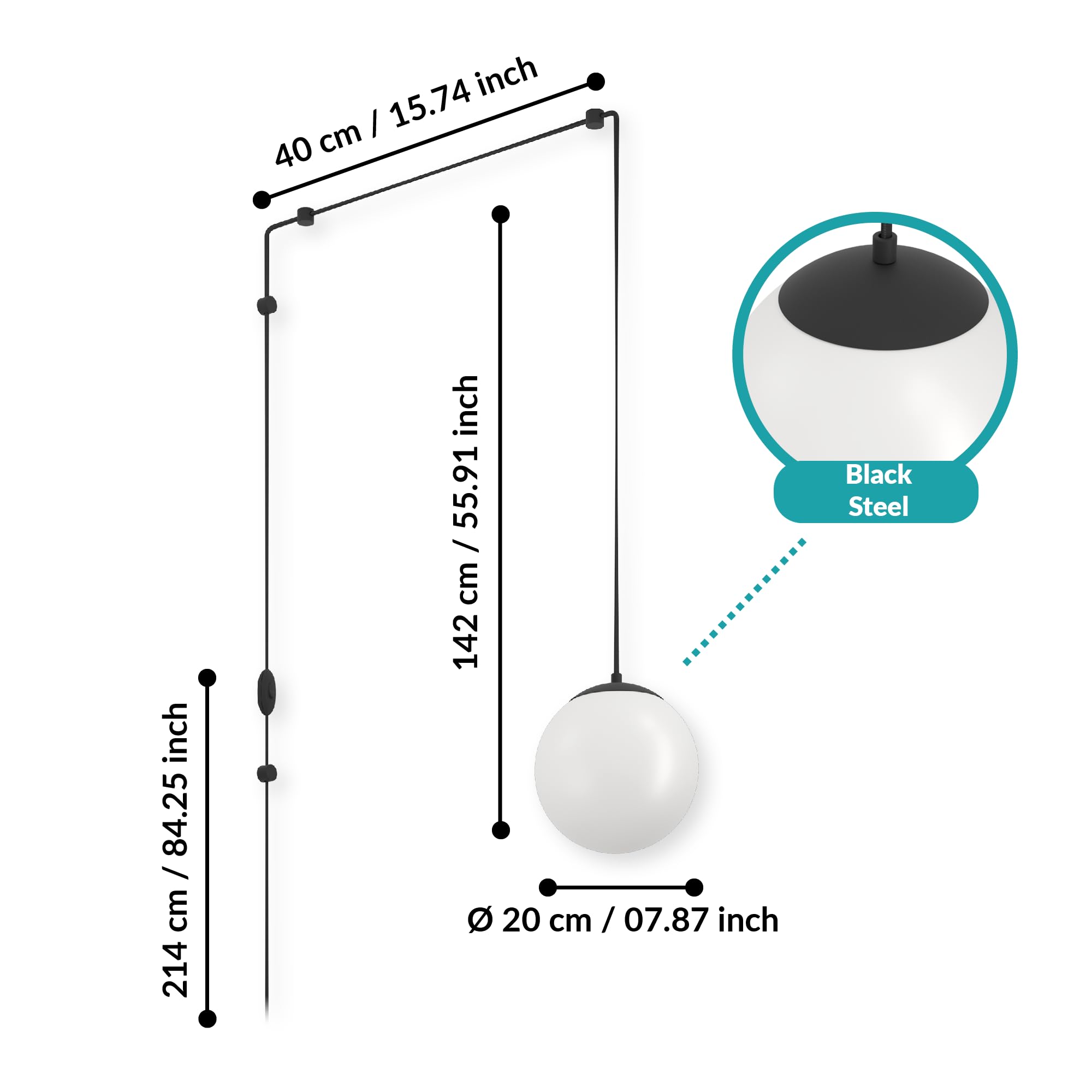 Eglo Hanging lamp Rondo 3, lamp Holder with Cable and Plug, Pendant lamp Above Dining Table, Dining Room lamp Made of Black Metal and White Glass, E27