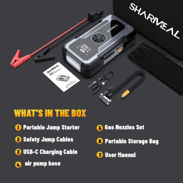 SHARMEAL 6000A Portable Car Battery Booster (all Gas/10L Diesel), Jump Starter Power Pack with 150PSI Air Compressor, 12V Car Jump Starter Power Bank with Jump Leads, LCD Screen, Emergency Light