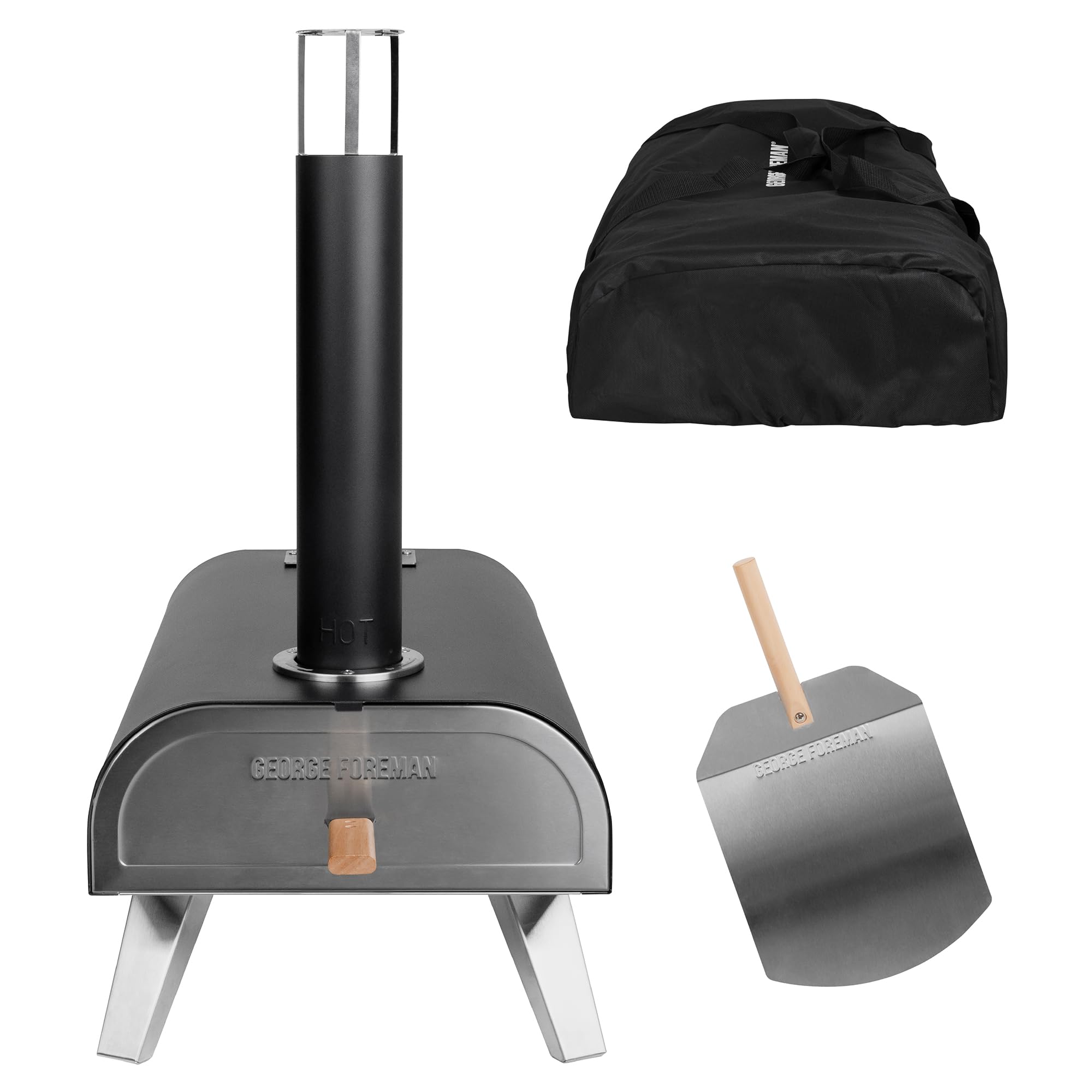 George Foreman Outdoor 12 Inch Wood Pellet Portable Wood Fired Pizza Oven Stainless Steel with Paddle and Carry Bag, BBQ Oven & Smoker, Foldable Legs GFWPPO1SSPC