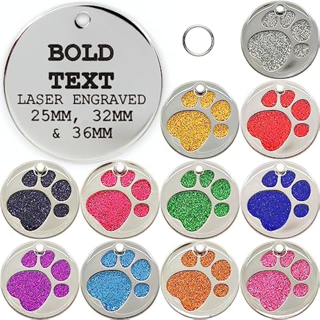 Personalised Engraved 25, 32 & 36mm Glitter Paw Print Pet Tag. Bold Contrasting Text. Small, Large & Very Large CAT/Dog ID Tags (Light Pink, 25mm (Cats & Small Dogs))