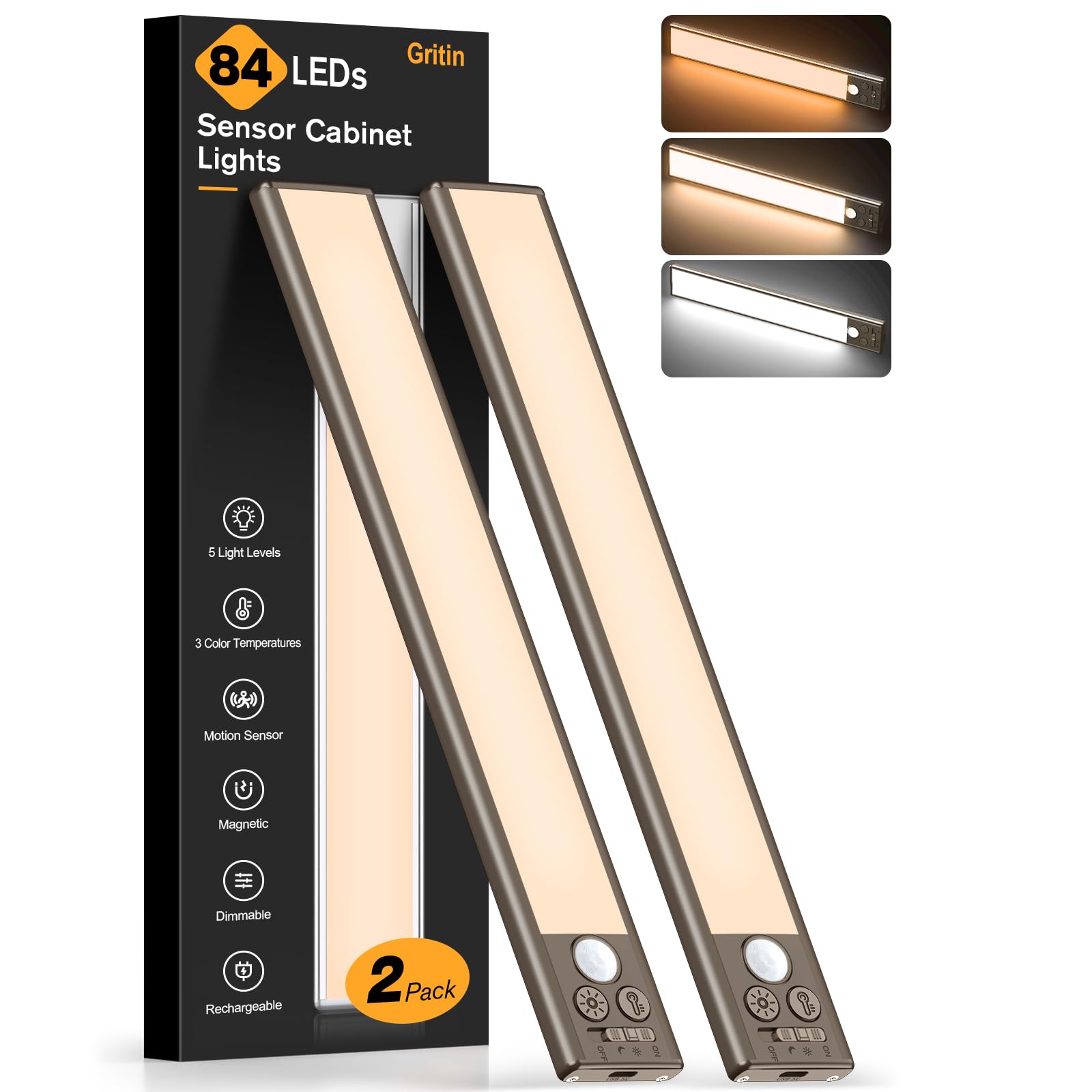 Gritin Under Cabinet Kitchen Lights-84 LED Super Bright,3-Color&5-Brightness,4 Modes,Motion Sensor,Rechargeable 1800mAh Long Lasting-Easy Installation Strong Magnetic Under Closet Light-2 Pack