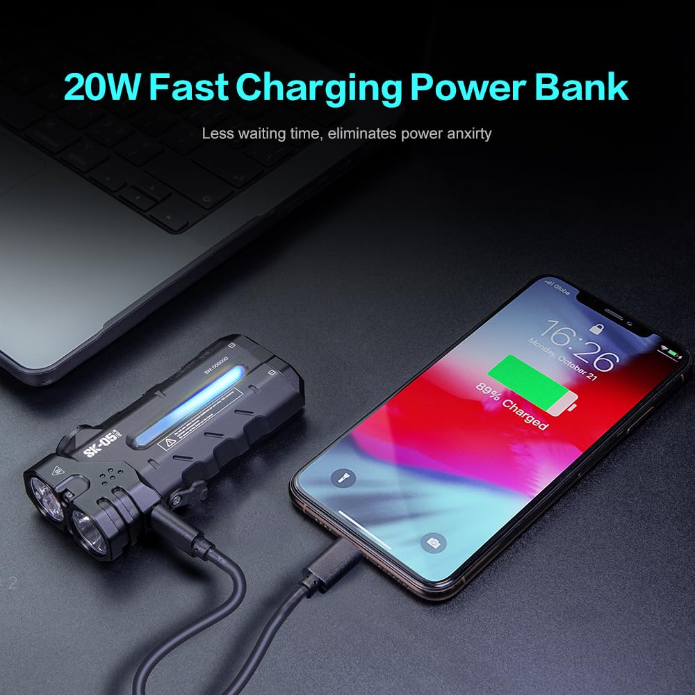 LOOP GEAR SK05 Pro Rechargeable Flat LED Torch with 8000mAh Power Bank, 4360 High Lumens, 10 Lighting Modes, Floodlight & Spotlight, IP68 Bright Flashlight for Camping,Hiking, Emergency & Survival