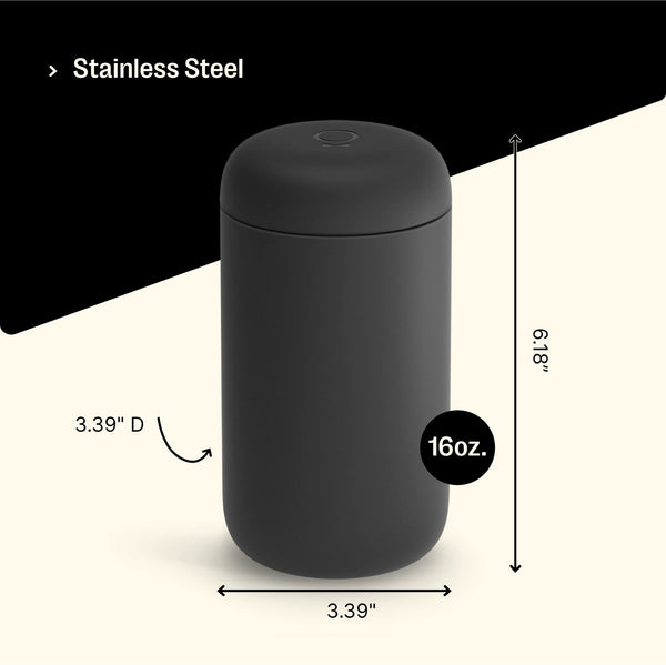 Fellow Carter Move Travel Mug - Wide Mouth Vacuum-Insulated Stainless Steel Coffee and Tea Tumbler with Ceramic Interior, Matte Black, 16 oz Cup