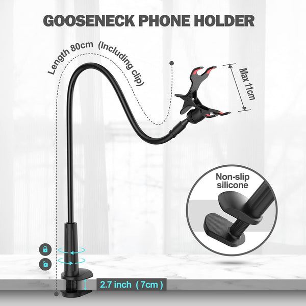 Gooseneck Phone Holder for Bed, Flexible Lazy Arm Cell Phone Stand Holder 360 Adjustable Clamp Bracket Mount Desk for iPhone 16 15 14 13 12 11 Pro Max Plus, Mini, Xs XR, Samsung