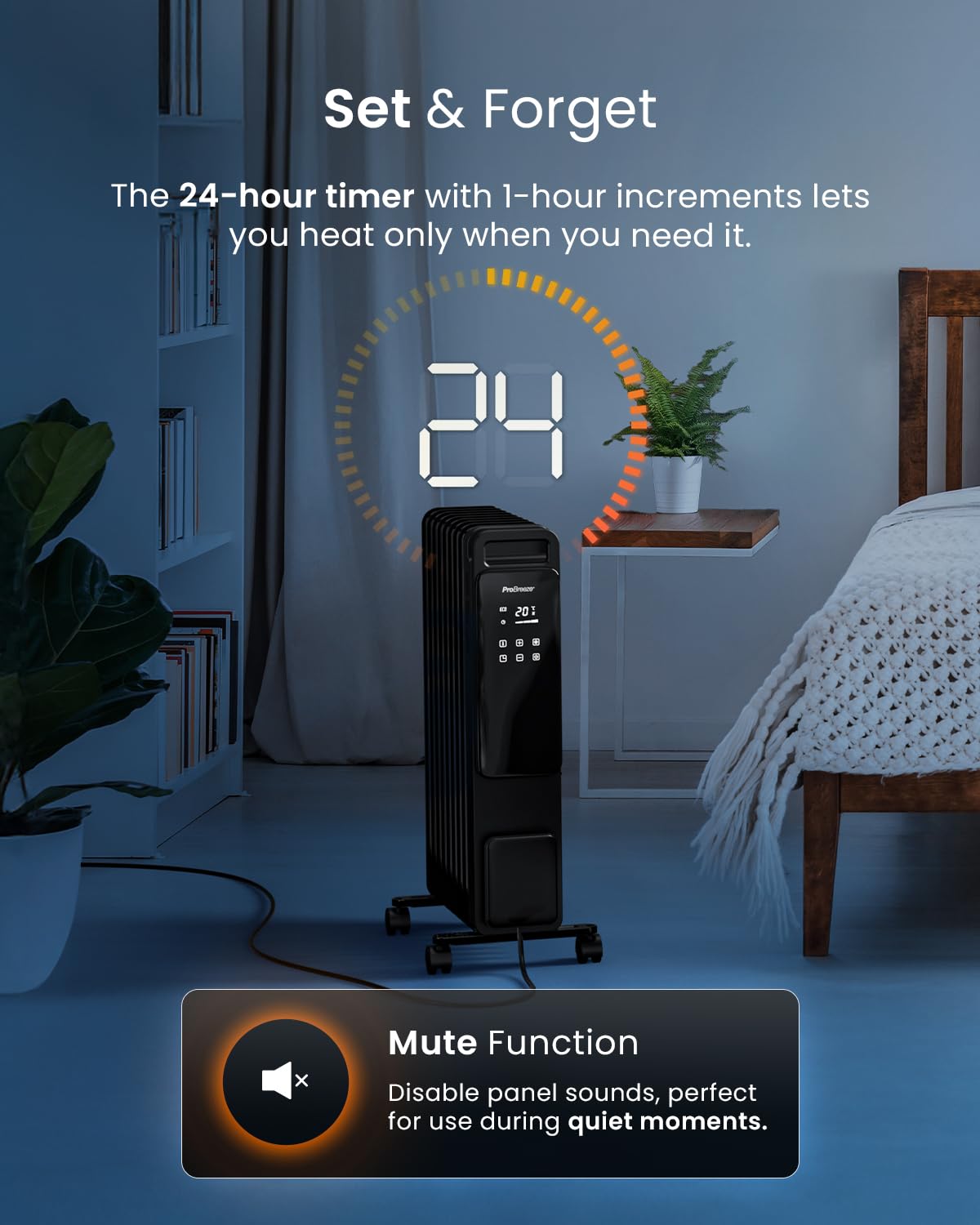 Pro Breeze Smart 2500W 11 Fin Oil Filled Radiator with Digital Display and WiFi Smart App, Thermostat, 24Hr Timer, 3 Heat Modes, Child Lock, Overheat & Tip-Over Protection Oil heater for Home - Black