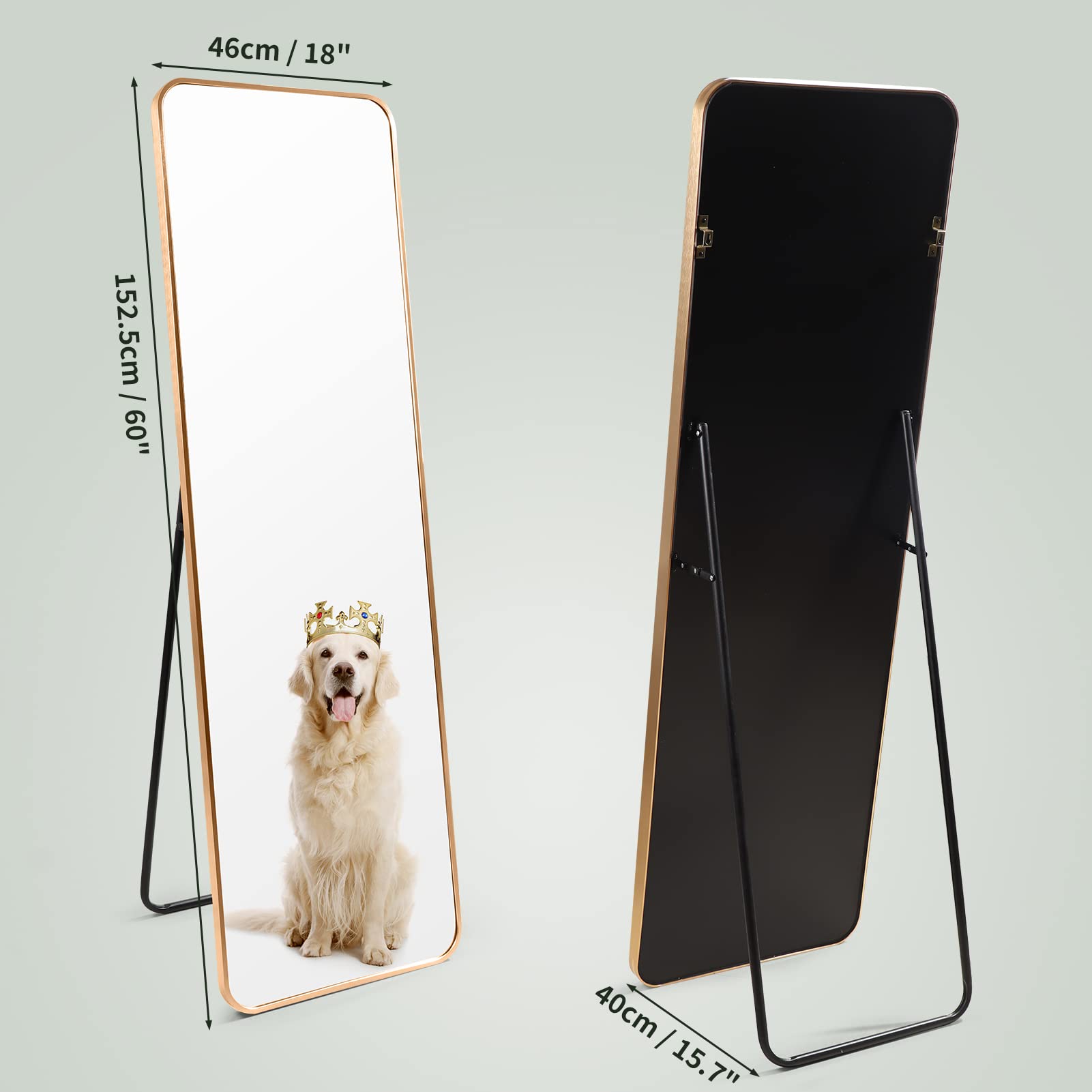HORLIMER 60"x18" Full Length Standing Mirror with Aluminum Frame, 152x46cm Large Long Body Mirror for Wall Hanging or Floor Free Standing, Gold Mirror