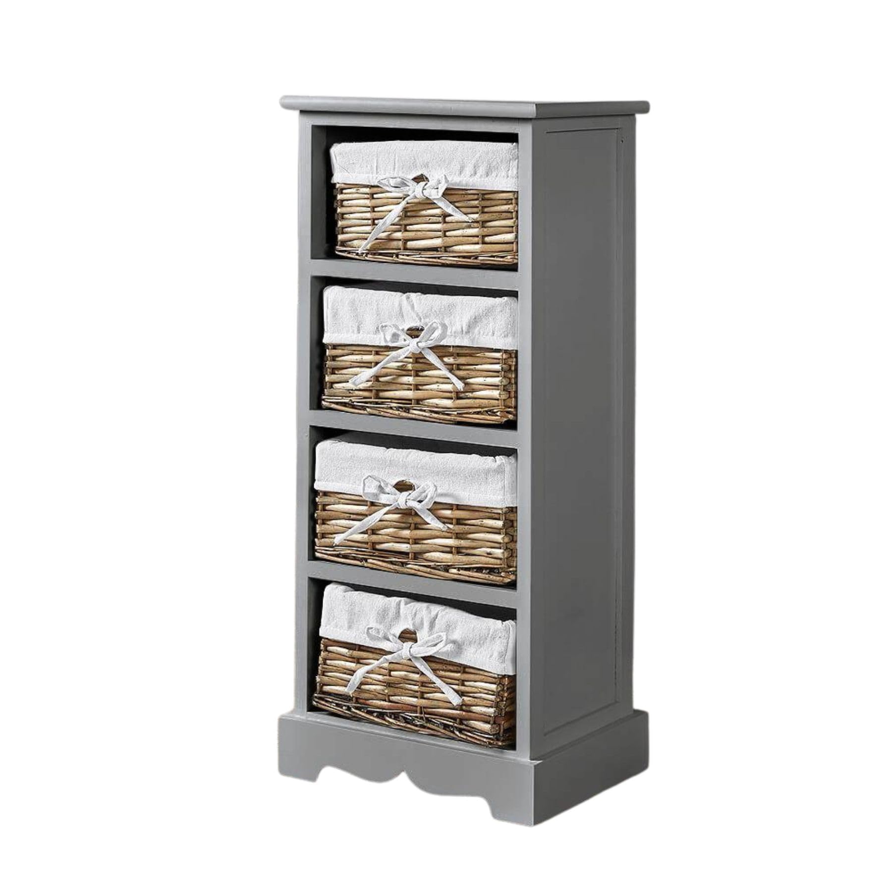 Home Source Bedroom Wooden Storage Unit, Woven Willow Wicker Baskets, 4 Drawer Cabinet Chest, Grey