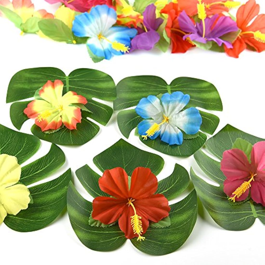 KUUQA 60 Pcs Tropical Party Decoration Supplies 8" Tropical Palmtera Leaves and Hibiscus Flowers, Simulation Leaf for Hawaiian Luau Party Jungle Beach Theme Table Decorations