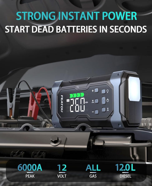 Car Battery Jump Starter 6000A with Air Compressor Tyre Inflator, Safeboost 12V Lithium Battery Booster Pack(for All Petrol/12L Diesel) with 30W Quick Charge, 74Wh Portable Power Bank, Digital Display