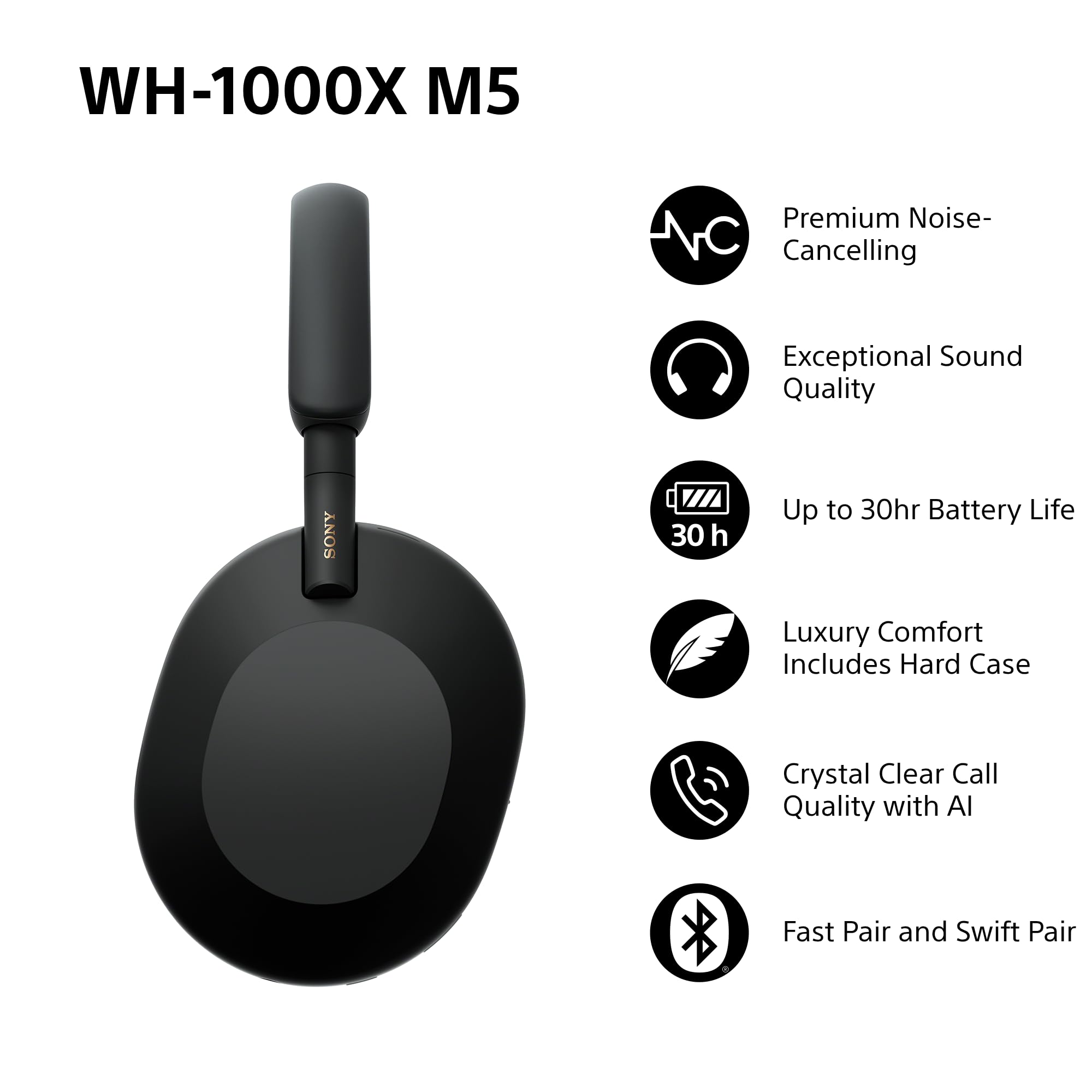 Sony WH-1000XM5 Hard Case Premium Noise Cancelling Wireless Over-Ear Headphones, Bluetooth, Clear Call Quality, Hi-Res Audio, Up to 30hr Battery Life, Includes Hard Case, iOS & Android - Black