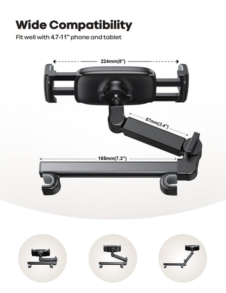 Lamicall Car Headrest Tablet Mount - [Aluminium Arm] 2025 Adjustable Car Tablet Holder, 360° Rotating Backseat Mount for Kids, for 2024 iPad Pro 13, Air 6, Mini, Tab, Phones, 4.7-13” Device - Black