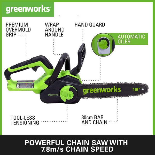 Greenworks GD24CS30K4 Cordless Chainsaw with Brushless Motor, 30cm Bar Length, 7.8m/s Chain Speed, Auto-Oiler, Kickback Protection, 24V 4Ah Battery & Charger, 3 Year Guarantee
