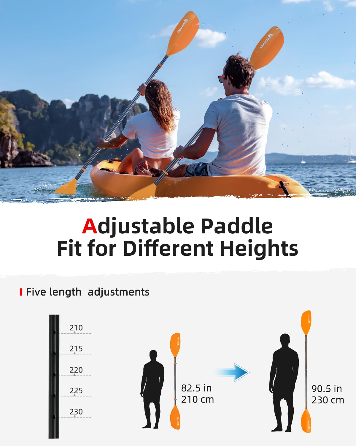 Abahub Adjustable Kayak Paddle 210-230 cm/82-90 Inches Floating Kayaking Oars Boating Oars Canoeing Oars Orange